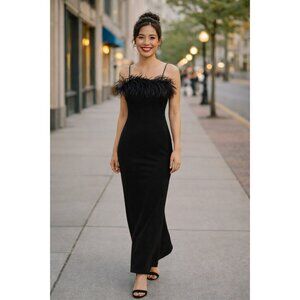 Alex Evenings Spaghetti Strap Feather Trim Evening Gown Womens 6P Black